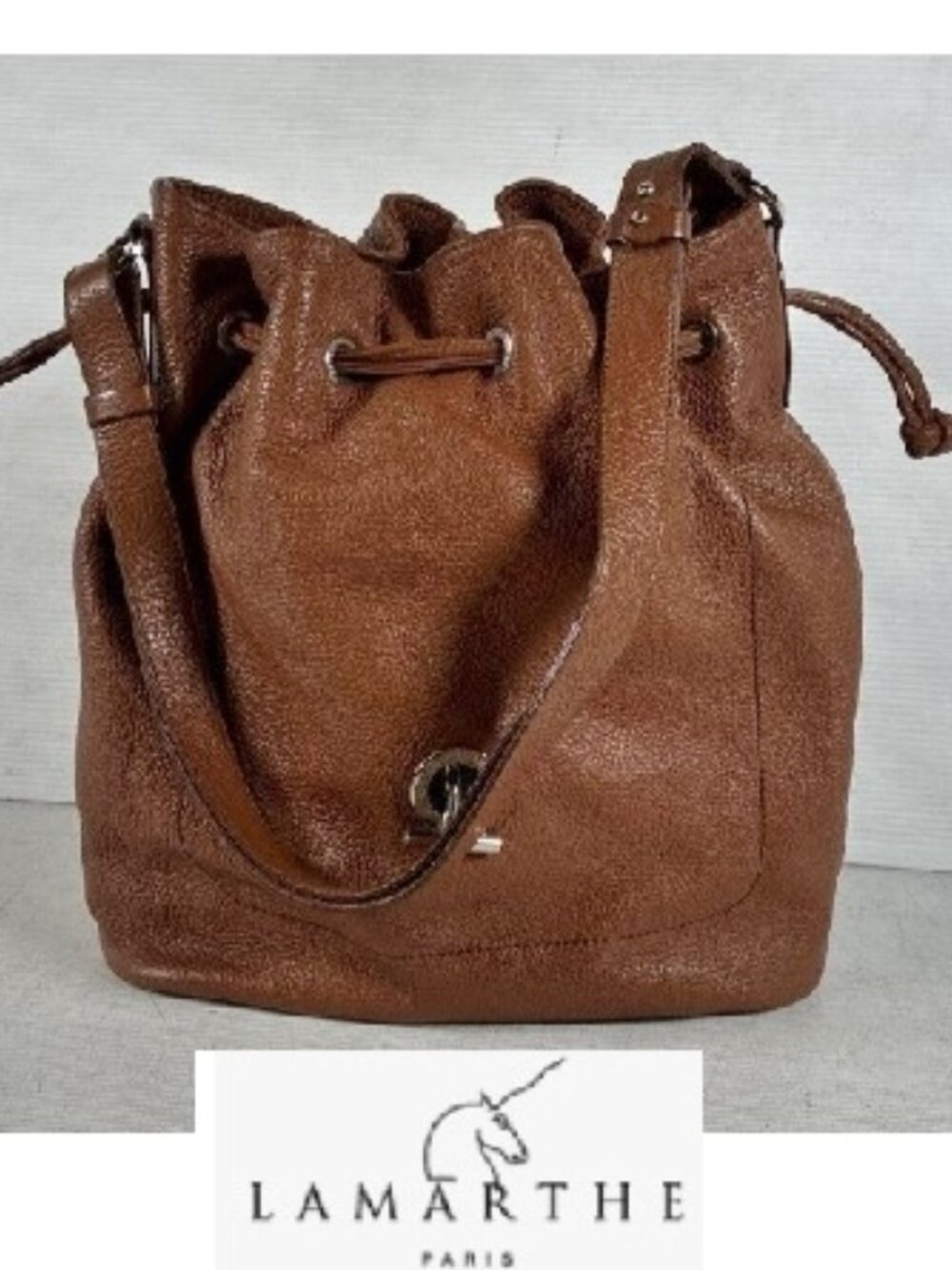 $425 Never Carried Lamarthe Paris Brown Leather Drawstring Bucket Shoulder Bag
